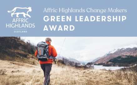 Banner from a poster which includes the text Green Leadership Award with a photo of a young man hiking in the mountains