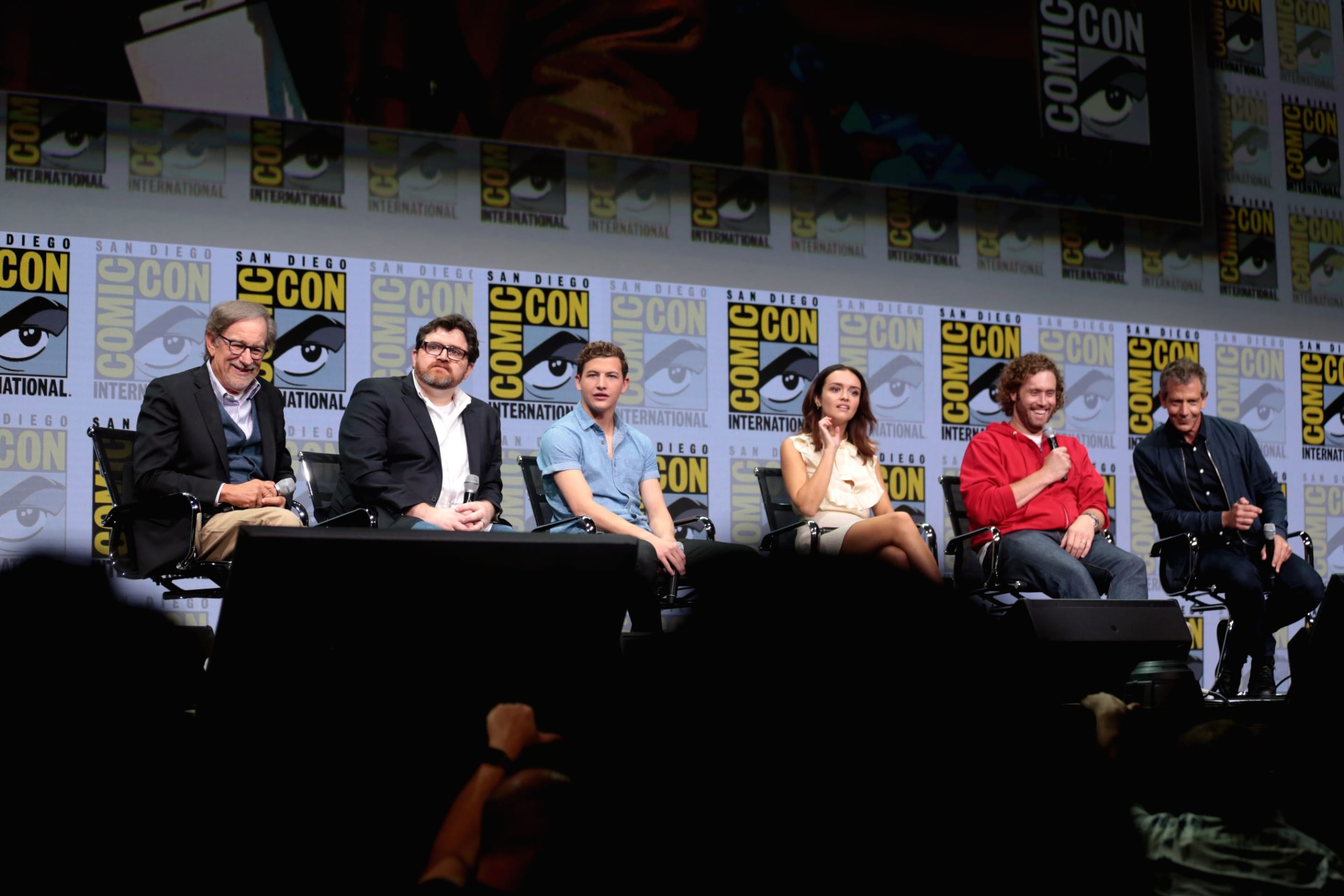 Director Steven Spielberg (far left) and Ernest Cline with the cast of Ready Player One at San Diego Comic-Con