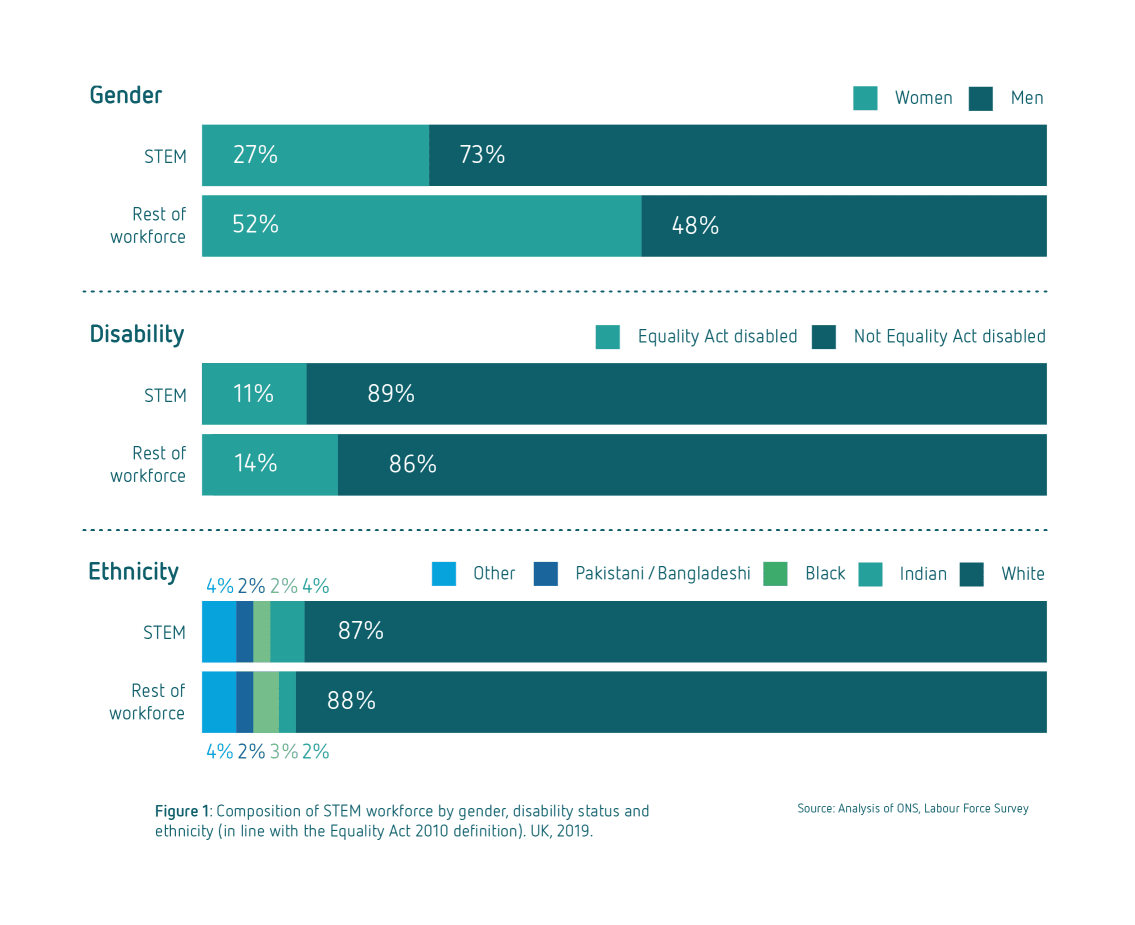 Graphs comparing the breakdown of the STEM and wider workforce by gender, disability and ethnicity.