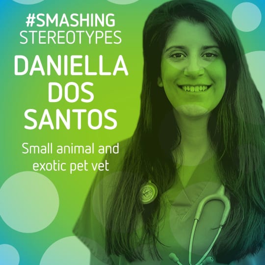 A close up of Daniella with Smashing Stereotypes branding