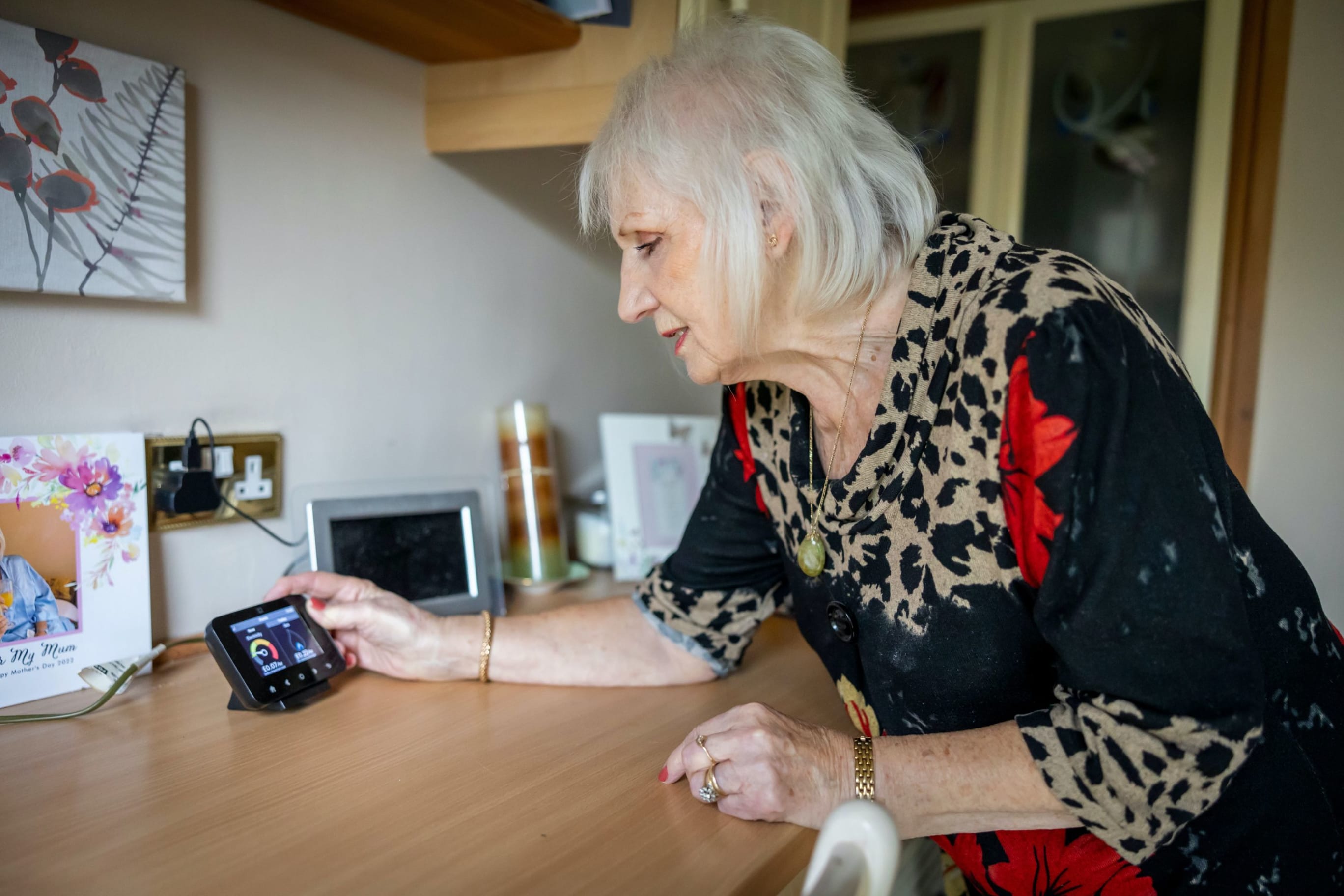 Older woman looking at the heating and electricity readings on her smart meter